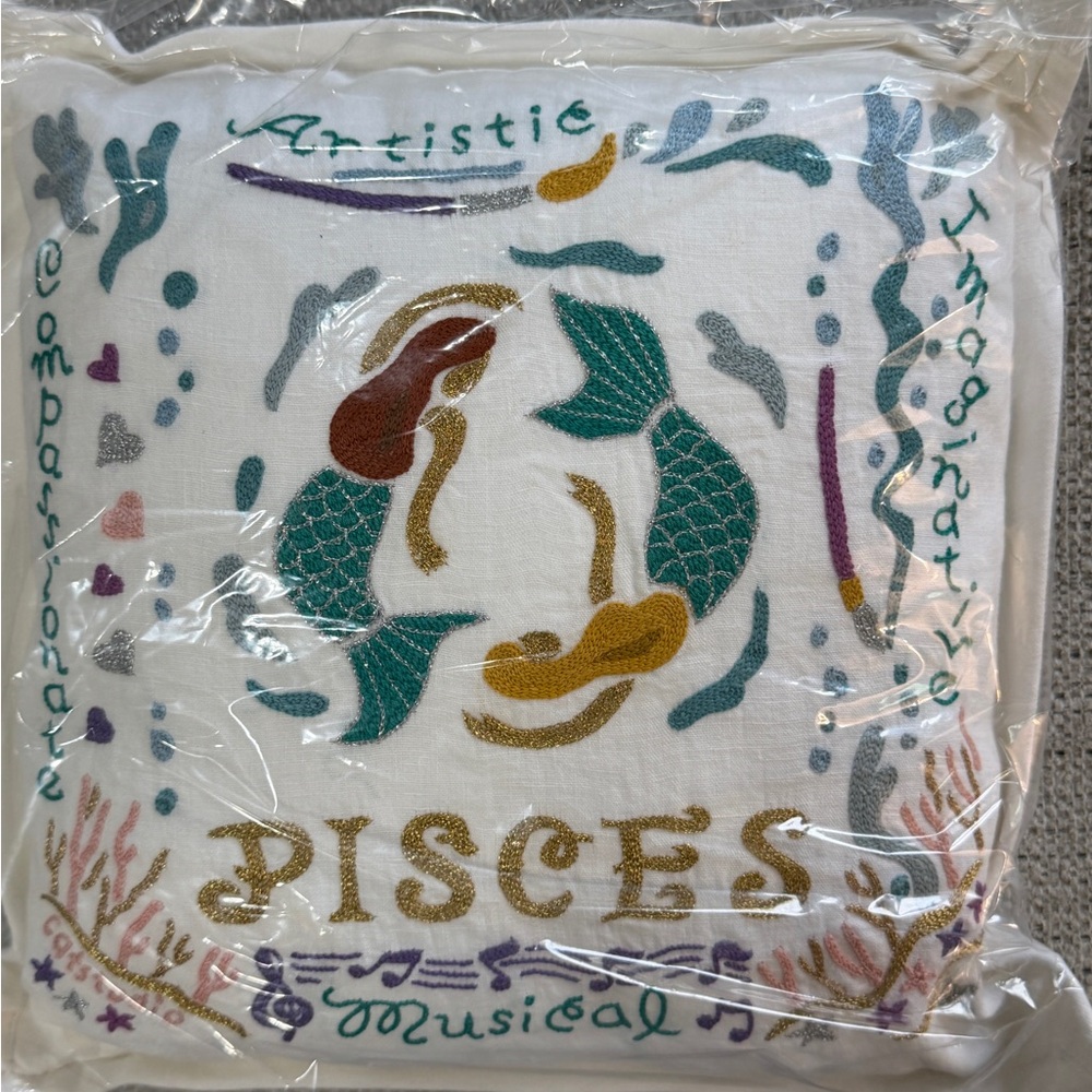 CatStudio Pisces Zodiac Hand Embroidered Decorative Pillow with Mermaid Design
